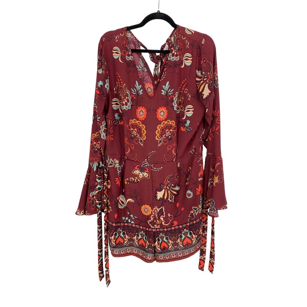 Takara Romper Womens XL Maroon Floral Print Long Bell Tied Sleeve